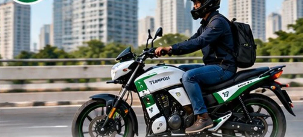 Helmeted motorcycle rider on a daily commute