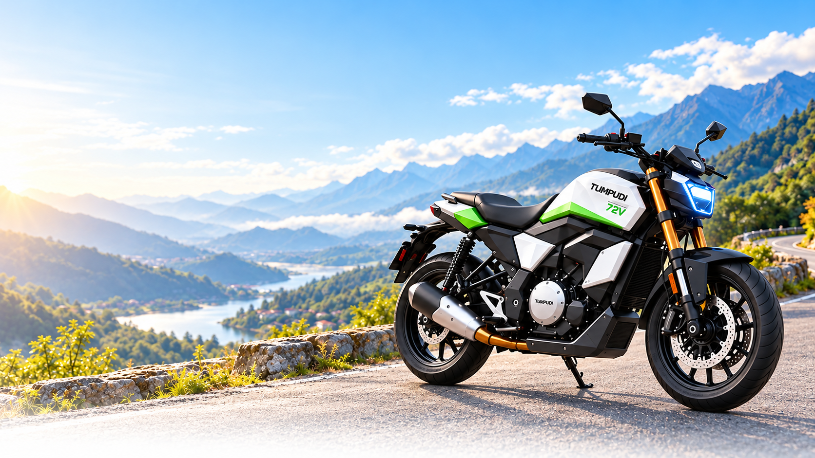 White and green Tumpudi motorcycle concept on a mountain road