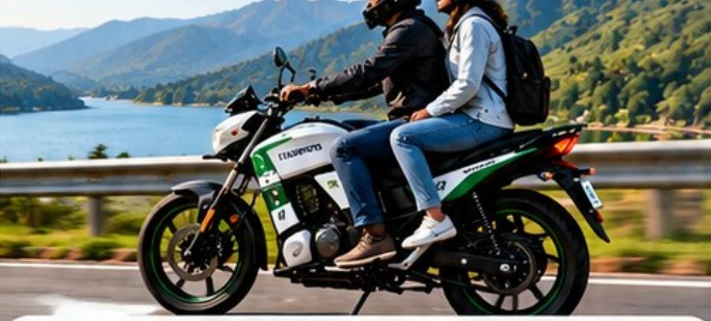 Two helmeted riders beside a lake
